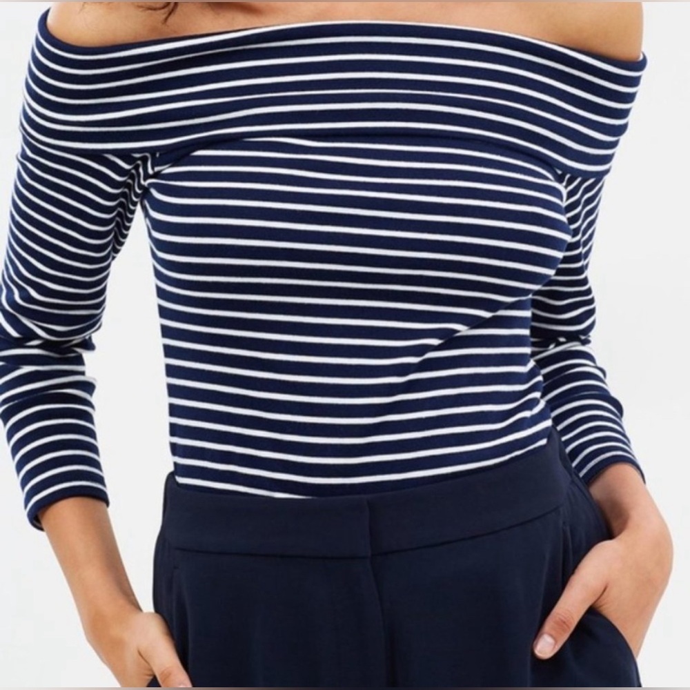 JCrew Off the Shoulder Navy/White Striped Foldover Top M